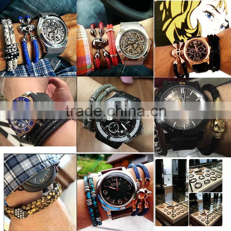 2016 Fashion Skull Men Bracelet, Genuine Stingray Leather Cord Bracelet, Stainless Steel Clasp Bracelet with High Quality End