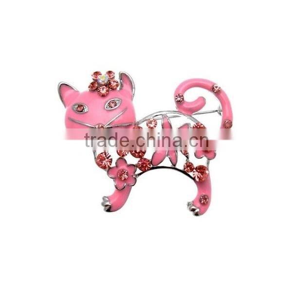 Custom-made Pink Enamel & Crystal Floral Cat Brooch (Silver Tone)