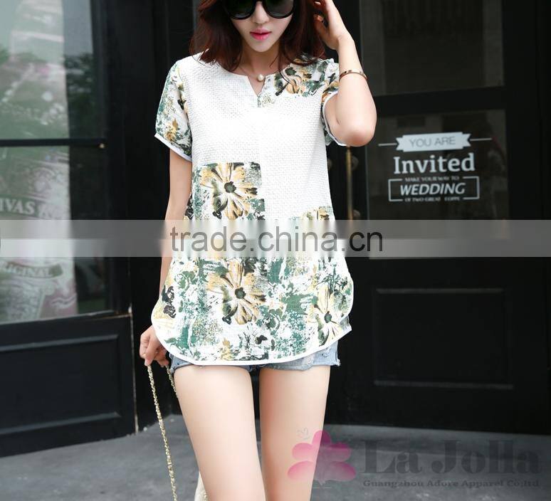 Latest Summer Fashion Ladies Flower Printed V-neck Sexy Short Sleeves T-shirt 120