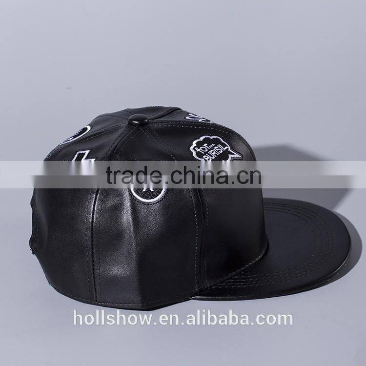 Star Style Cute Hand Embroidery Men Women Hiphop Black Leather Flat Baseball Cap