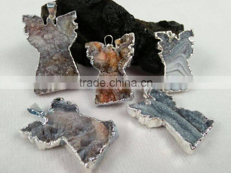 Natural angel shape agate druzy quartz pendant plated edge for jewelry decoration