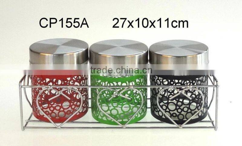 CP063T 8pcs glass storage jar set with metal casing and rack