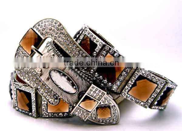 Brown Brindle Prism Concho Real Glass Crystal Rhinestone Belt
