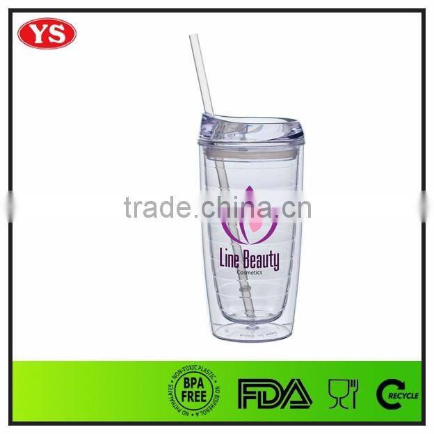 eco-friendly double wall 16oz clear acrylic tumbler with straw