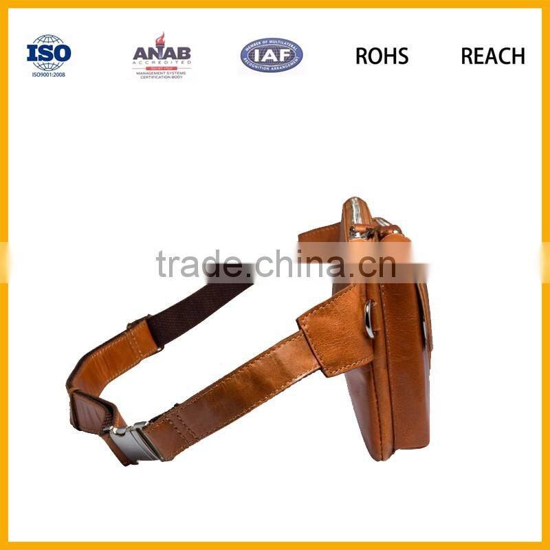 Factory Promotional Multilayer PU Brown Waist Bag with Mobile Phone Compartment for Outdoor and Sports