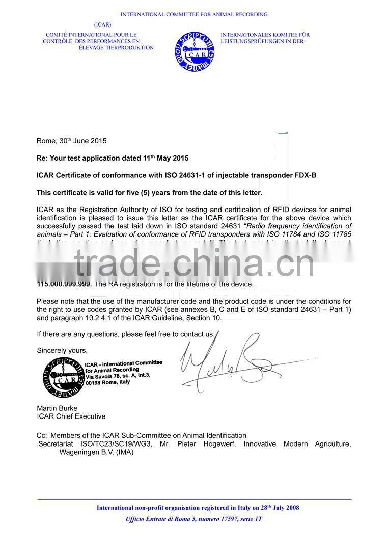 RFID animal microchip 2*12mm size microchip with high quality