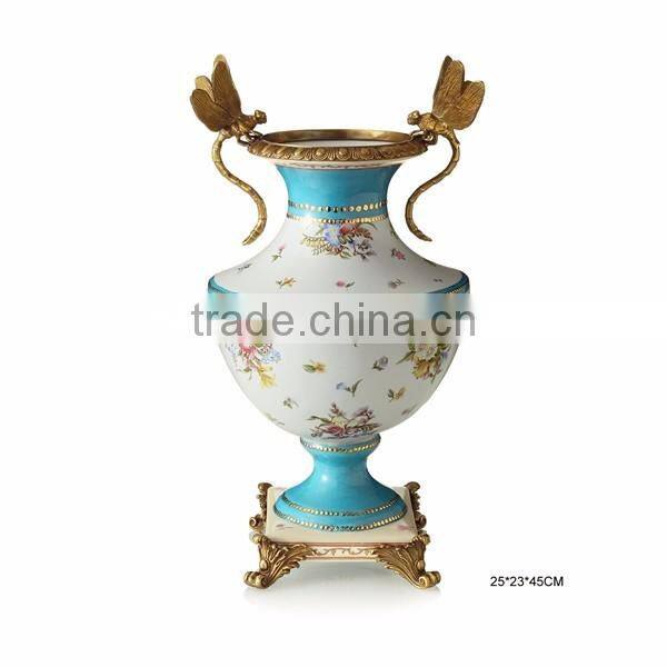 Floral Painting Multilayer Porcelain Fruit Bowl With Bronze Angel Support, Blue & White Porcelain With Brass Compote