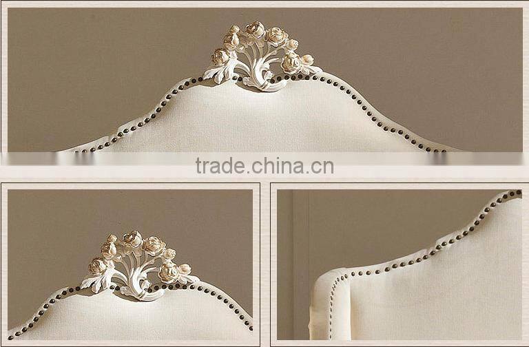 French style concise design solid wood flower carving fabric single bed