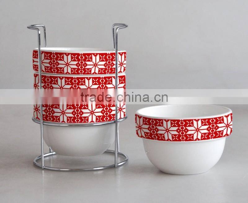 4pcs stackable ceramic bowl with iron rack & decal printing,cups