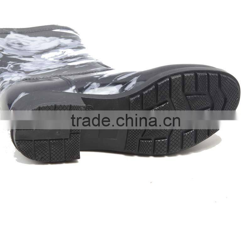 black white flower pattern women rain boots with buckles