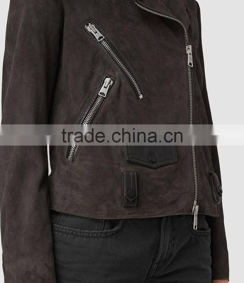 Cool newest slim fitting zip pockets classic city style blank suede biker jacket for women