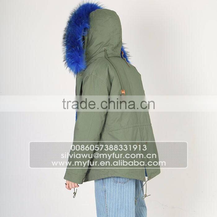 Myfur Luxury High Quality Faux Fur Lining Raccoon Fur Hooded Mini Parka Jackets