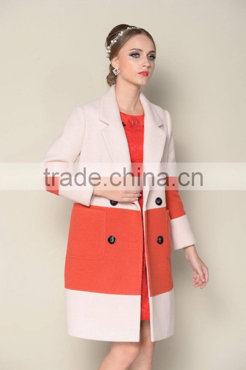 DWL001good selling contrasting color designed double breasted style korea women winter coat