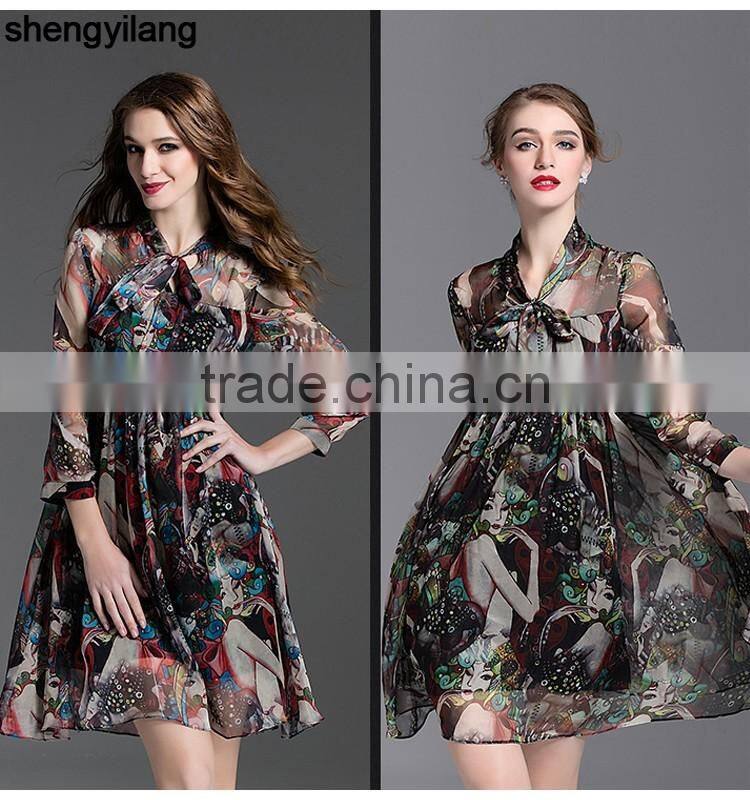 womens latest high quality printed chiffon traditional slim fitted dresses with bow