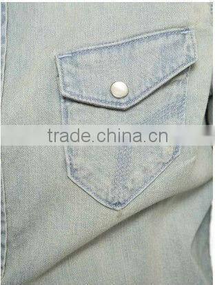 2016 fashion slim fit long sleeves washed denim shirt for girls with two pockets on the chest