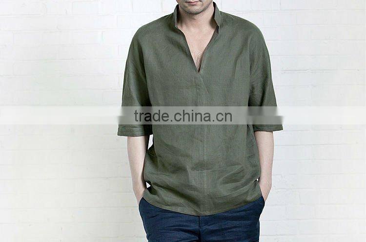 man's latest V-neck linen army green casual shirt