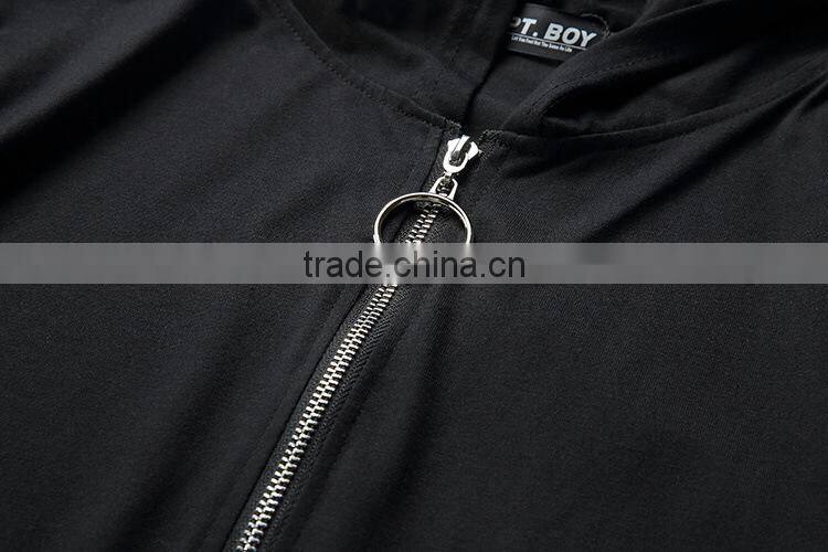 Men Black zipper o ring Hip hop t shirt with hood