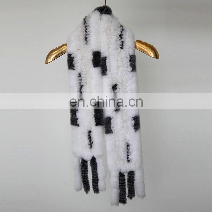 Fashion 2016 Genuine Rabbit Fur Knitted Women Scarf with Fur Trim Tassel