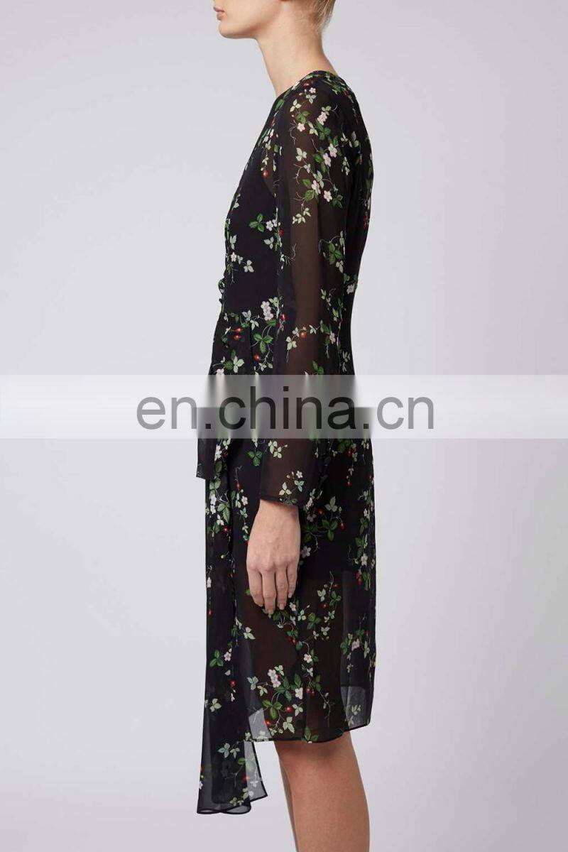 Round neck Floral printed chiffon printed dress with ruffled details