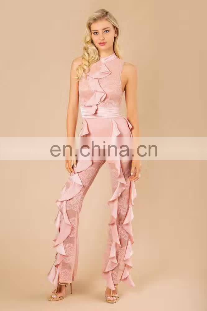 Fashion New Designs Sleeveless Ruffle Front Lace Black Rompers Jumpsuits for Women 2017