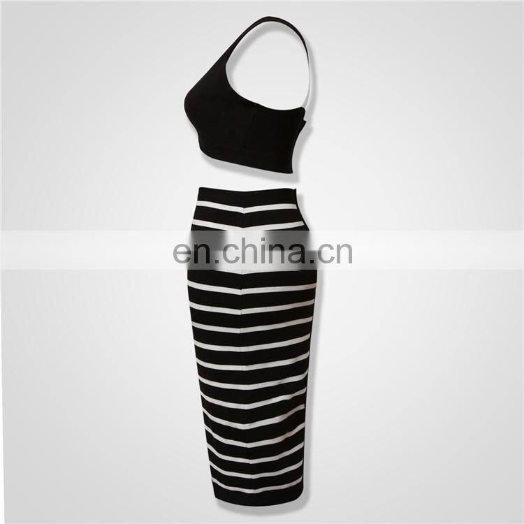 Amigo black and white 2pcs sets crop top and long strap pencil skirt bandage dress suit sexy evening dresses for women