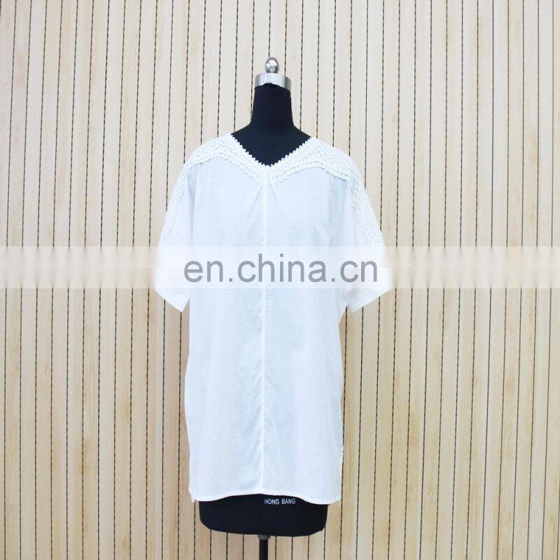 women V neck T-shirt short sleeve cotton lace decorate blouse