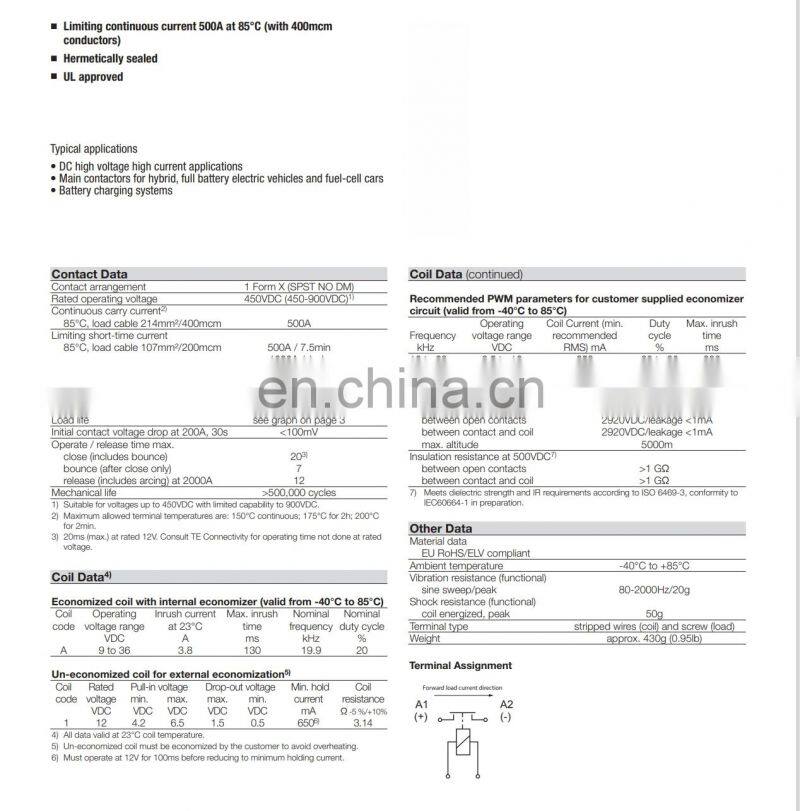 EVC500 AAANAM 2299223-2 High Voltage Relay 12V 1000A Contactor Relay For New Energy Vehicles