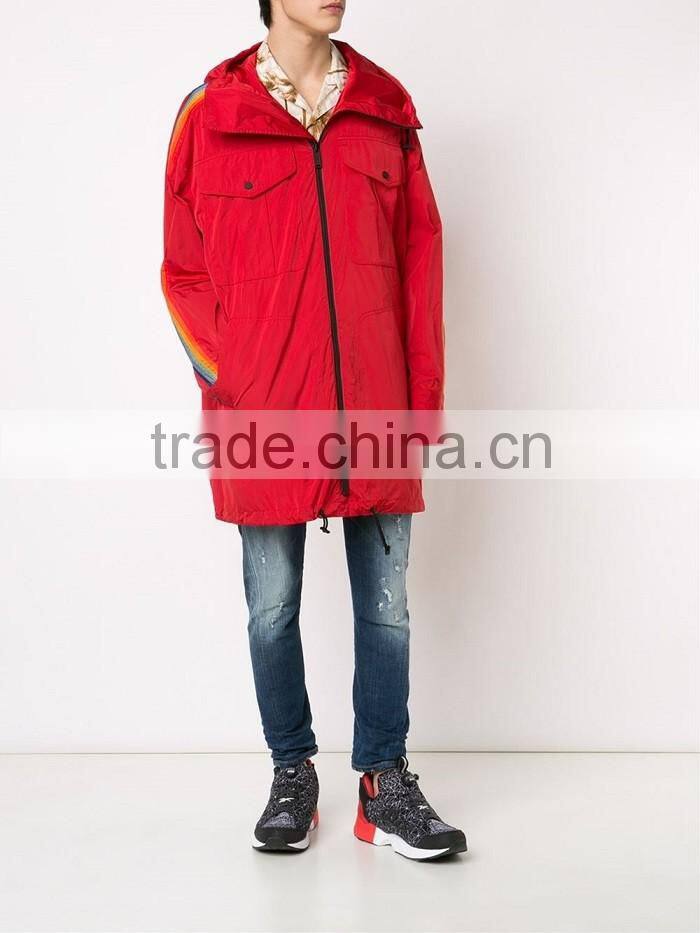 2016 new design stylish hooded red rainbow mens winter trench coat