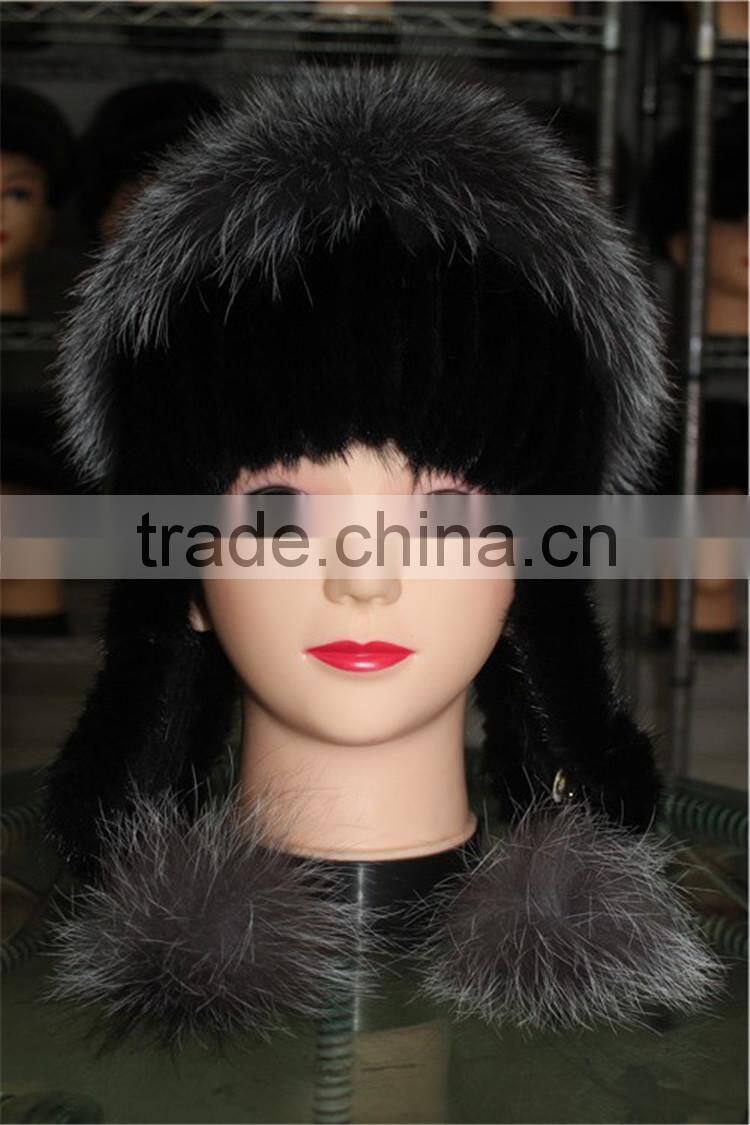 Women Winter Fur Hats Real Silver Fox Fur Pompom Mink Fur Hat With Ear Flap