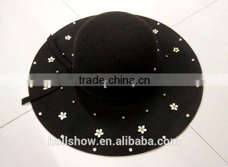 Fashion Women Flower Pearl Beaded Large Brim Trilby Fedora Hats with Ribbon