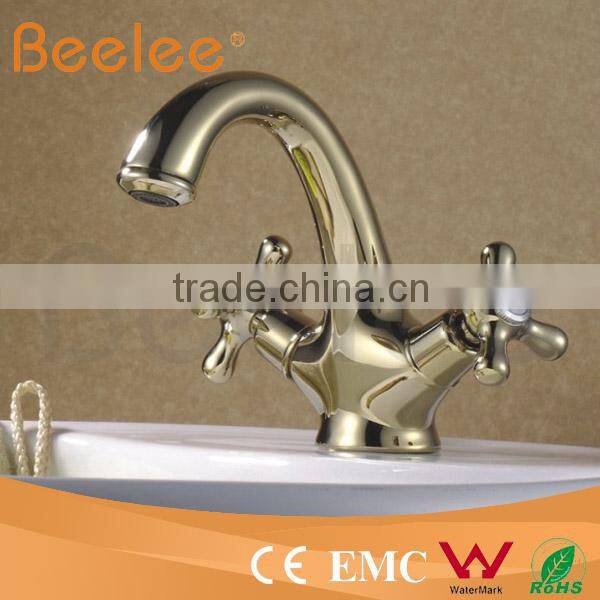 Luxury Golden Water Tap Bathroom Faucet with Cross Single Handle