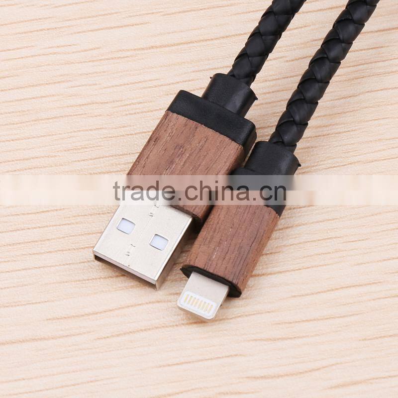New Arrivel Wooden Shell USB Cable Round Leather Charging Cable For iphone5/5S/6/6Plus/ipad Date Cable