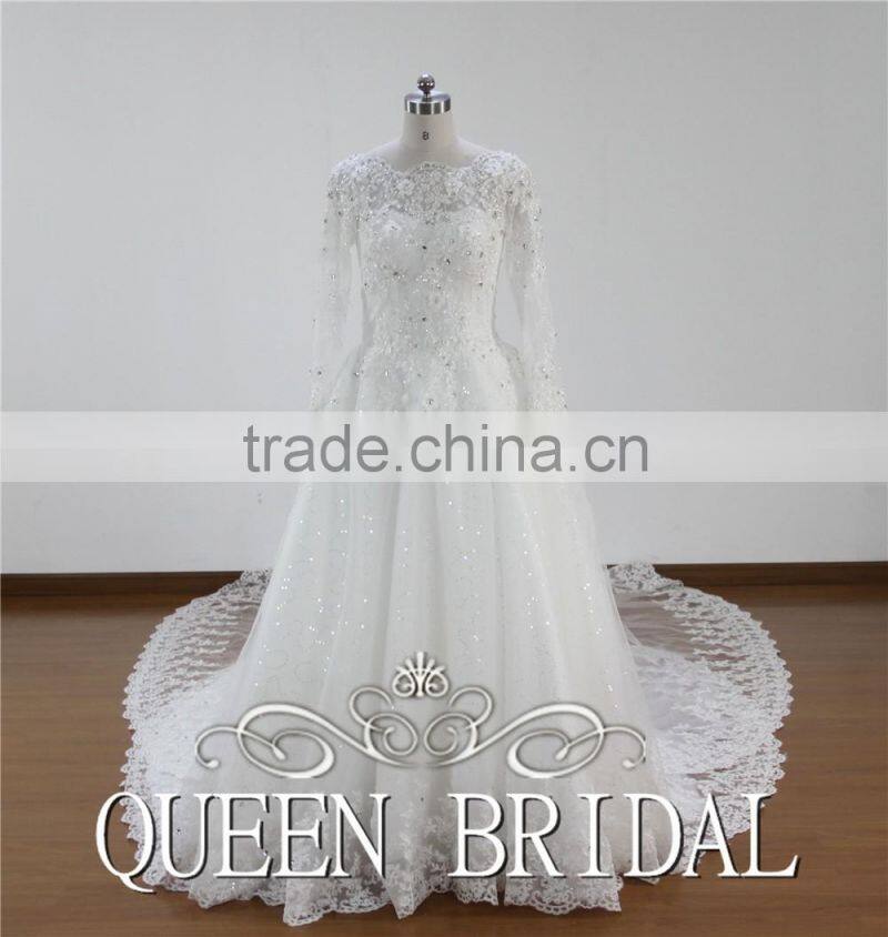 Long Sleeve Appliqued Lace Crystal Beaded Arabic Wedding Dress For Muslim Woman