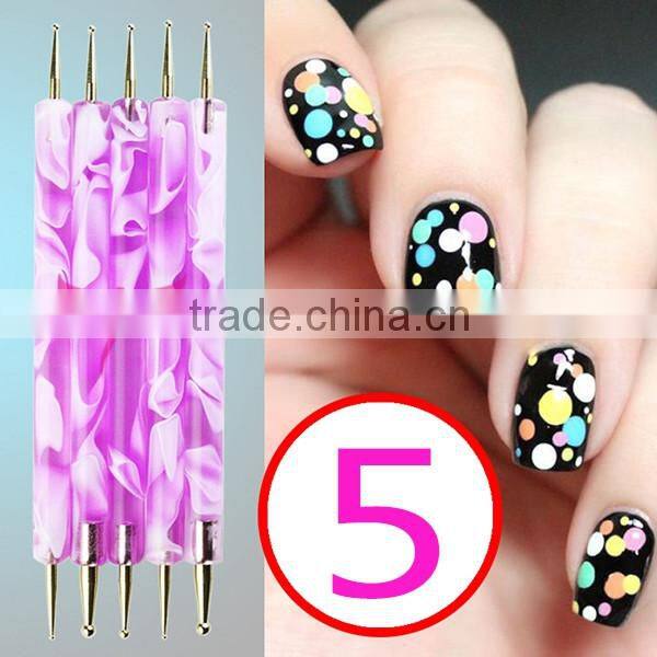 hot sell nail designs marbleizing double head pen/ dotting Pen /nail art dotting pen 5pcs/set