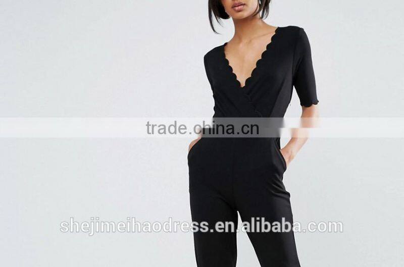 2016 Women sex elastic V-neckline Side pockets pure color pencil pants jumpsuit