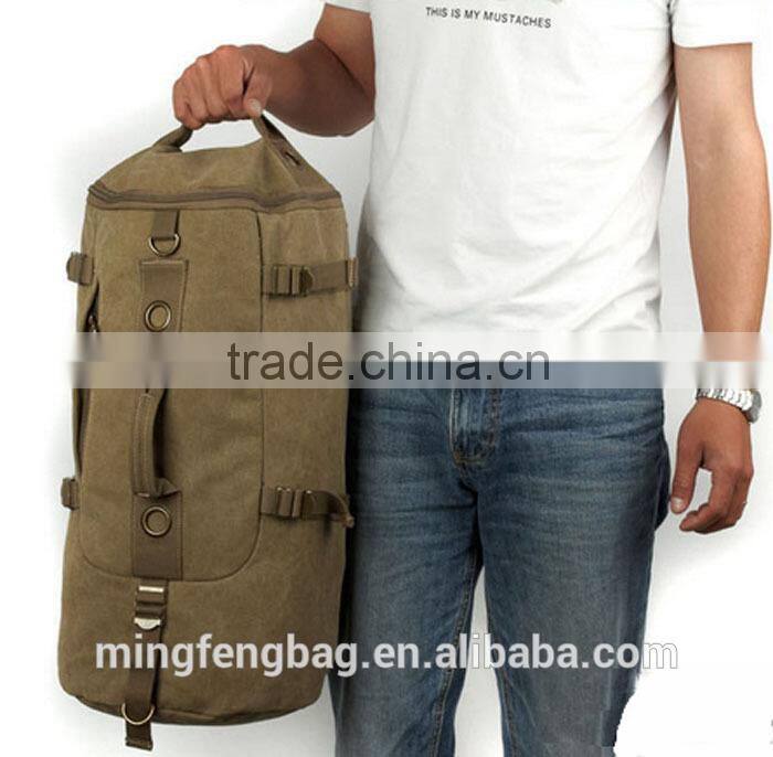 Men Vintage Canvas Leather Hiking Travel Cylinder Messenger Tote Bag Backpack