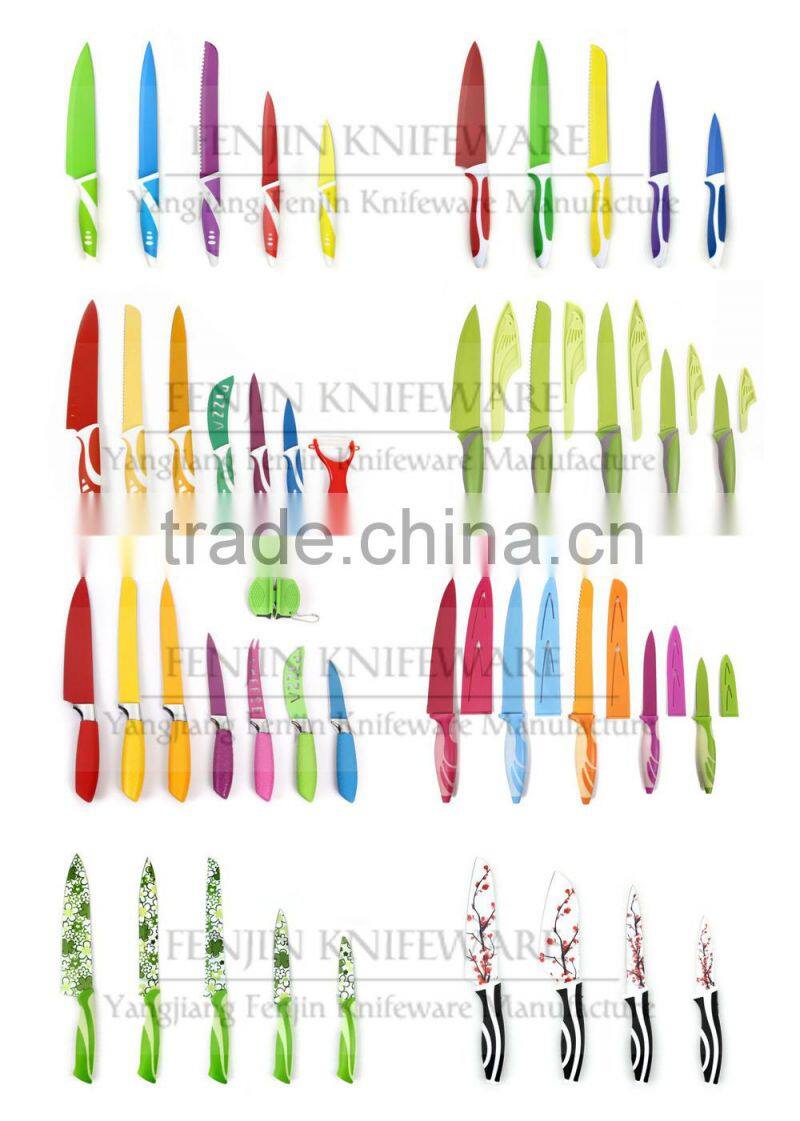 5PCS Pattern Coated Kichen Knife Set with Universal Knife Block