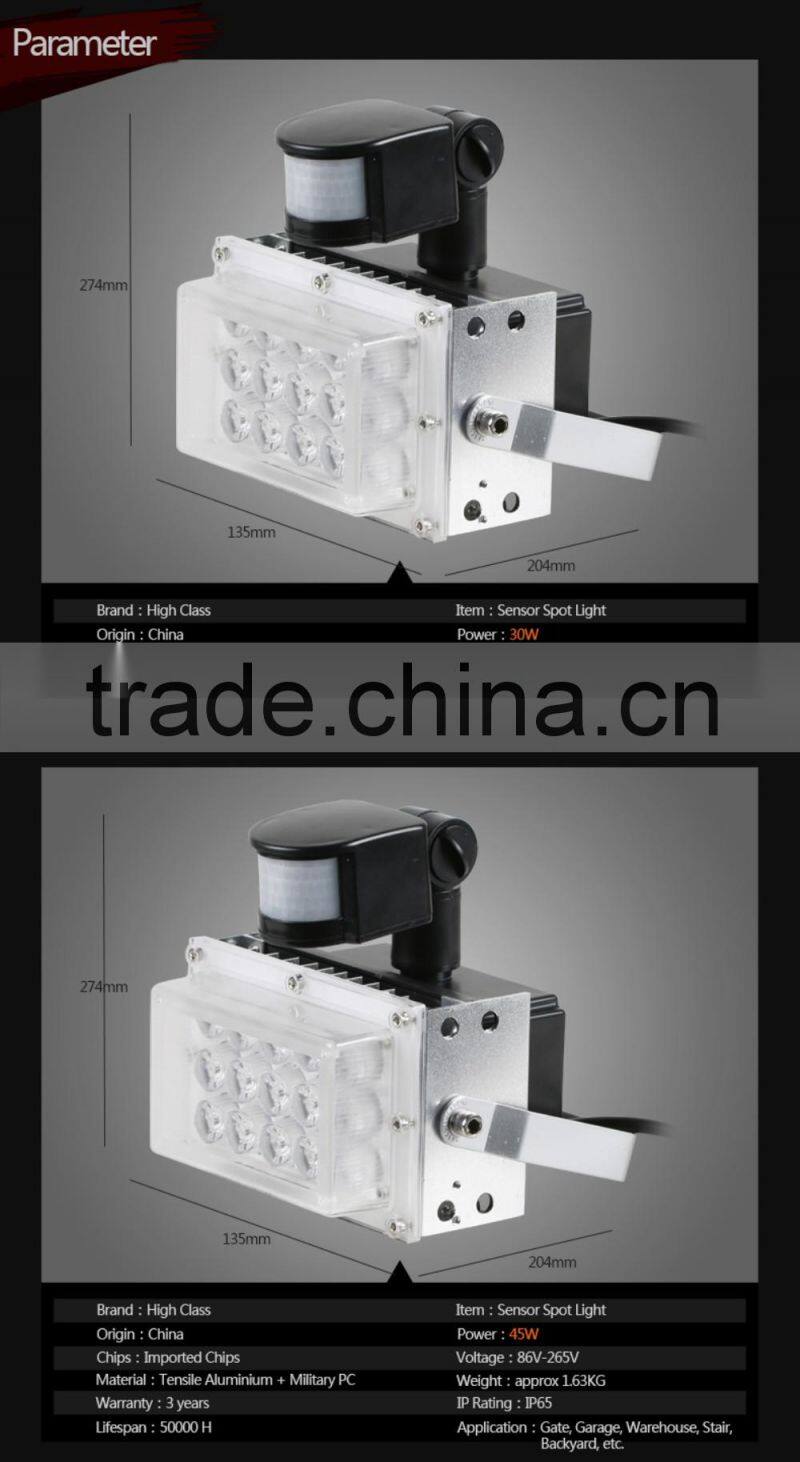 IP65 Outdoor Smart Light Infrared Microwave Sensor 30W 45W LED Spot Light Floodlight for Parking Lot Gate Garage Stair Lighting