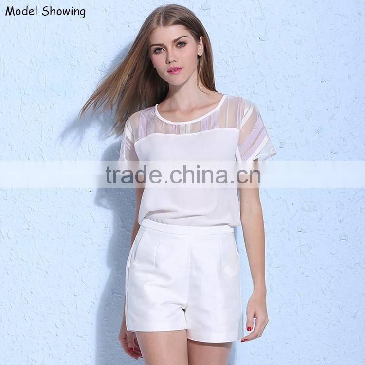 2016 Summer Sexy Lady Embroidery Design Elegant Chiffon Short Sleeve Slim Blouses White Lace Patchwork Choli Blouse Designs