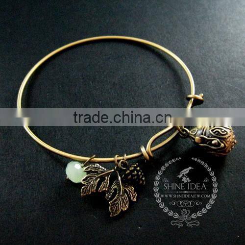 vintage bronze antiqued nut prayer box leaf ice green glass beads wish charms fashion women wiring bangle bracelet 6450037