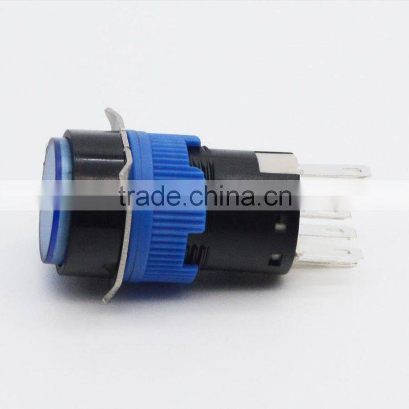 New design plastic round 16mm blue high head latching push button switch