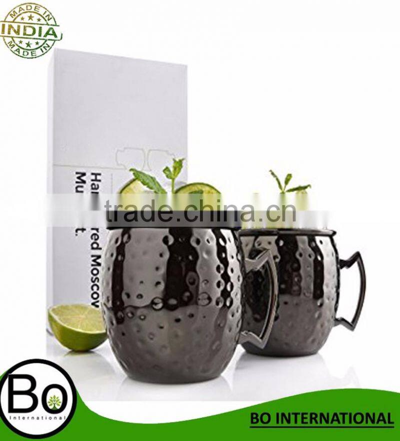 Set of 2 Barrel Style Moscow Mule Mugs - Black - Hammered Effect