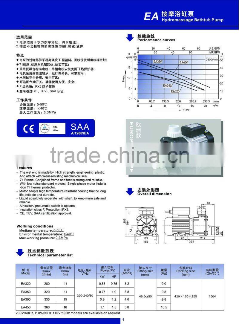 0.75HP pump for bathtub whirlpool bathtub jet pump electric jet water pump