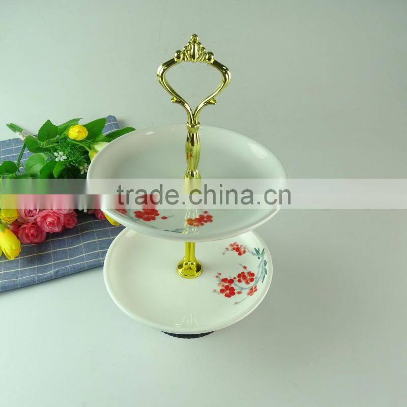Wholesale Stocked porcelain two layers cake stand for food, porcelain fruit plate with gold line,wedding cake use