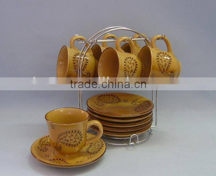 Set of 6 hand printing ceramic tea mug set with rack