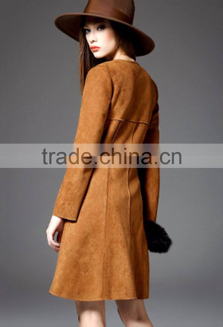 New arrival winter wear plain longline faux suede leather coat