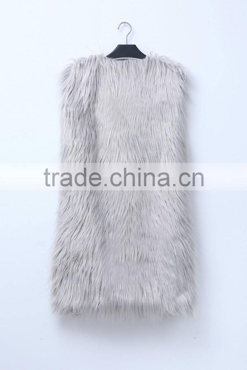 Europe style 2016 new fashion design pure color lady long faux fur vest