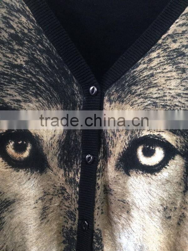 Women's V-neck no hand feeling reactive printing 100% cotton cardigan sweater