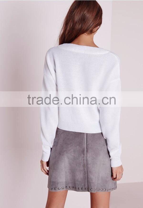 MGOO 2017 Latest Design Custom Made Women Christmas Jumper White Cropped Sweater Long Sleeve