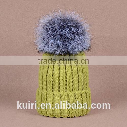 knitted hat with snap silver fox fur ball on top